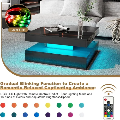 Miniatura 3 de HedoAjim Mesa de centro LED negra para sala de estar, mesa de sala de estar, mesas centrales cuadradas de 2 niveles, mesas de centro de madera