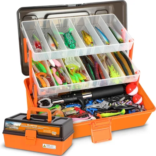 PLUSINNO - Caja grande de 3 capas para aparejos (incluidos), con 415 señuelos, contiene alicates, crankbait, ganchos, pesas y accesorios, equipo