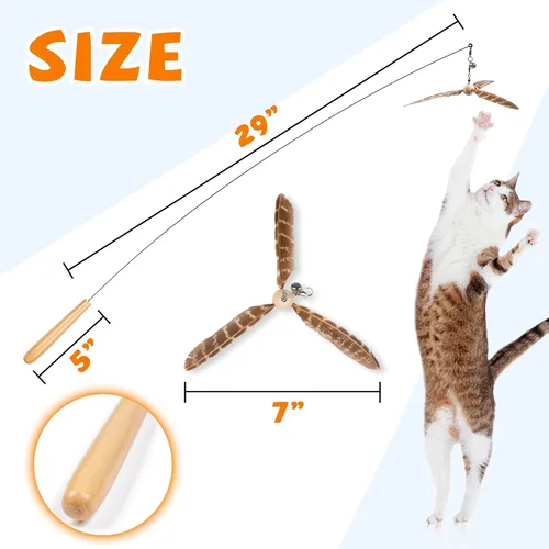 Miniatura 4 de JXFUKAL Juguetes de varita para gatos, juguetes interactivos para gatos con 3 recargas de plumas, alambre de acero flexible de 29'', mango de madera