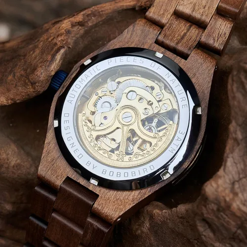 Miniatura 6 de BOBO BIRD Relojes de madera para hombre, reloj mecánico de esqueleto, relojes de pulsera ligeros de lujo con correa de madera natural de colección