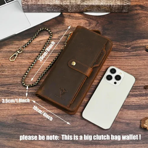 Miniatura 75 de Genuino Caballo Loco Cuero Regalo de Viaje Moneda Bolsillo Tarjetero Organizador Largo Cadena Rfid Cartera Monedero Con Broche Para Hombres Hombres