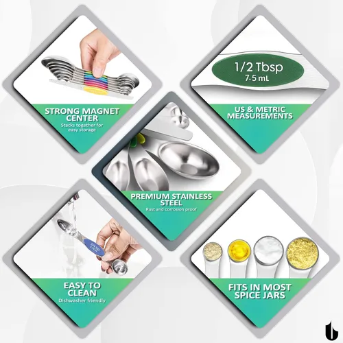 Miniatura 7 de Urbanstrive Juego de Cucharas Medidoras Magnéticas de Acero Inoxidable, de Doble Cara para Alimentos Líquidos y Secos, Juego de Tazas y Cucharas