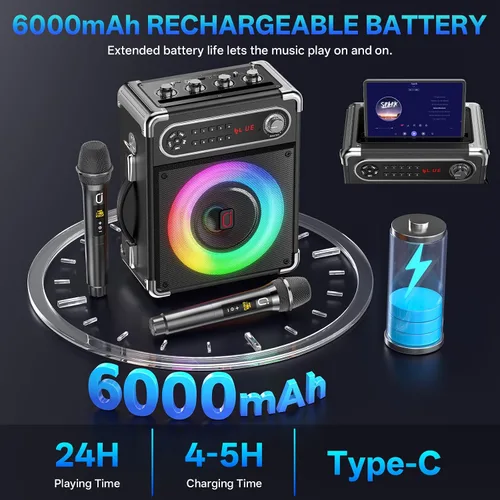 Miniatura 3 de JYX - Máquina de karaoke con dos micrófonos inalámbricos, altavoz Bluetooth portátil con ajuste de graves/agudos, sistema de PA con control remoto