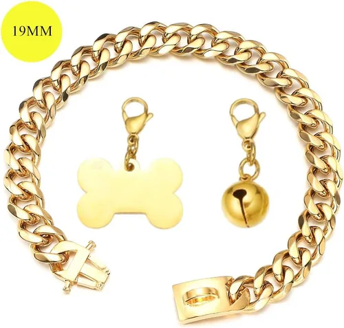 Miniatura 2 de Collar de oro para perro de 18 quilates, cadena de eslabones cubanos de 0.591 in/0.748 in de ancho, a prueba de mordidas, fuerte entrenamiento
