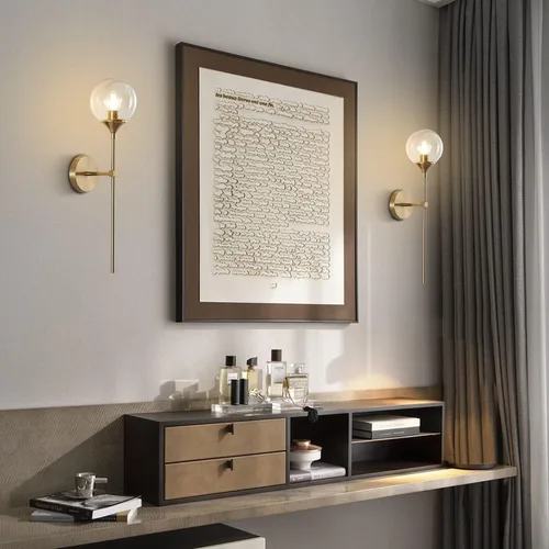 Miniatura 7 de KCO Mid-Century - Juego de 2 apliques de pared modernos con globo de vidrio ámbar con brazo largo, lámparas de pared industriales doradas