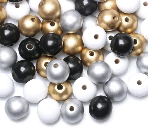 Miniatura 9 de 50 cuentas redondas de madera mezcladas en colores dorado y plateado, cuentas sueltas pintadas lisas de 0.787 pulgadas (0.787 pulgadas), suministros