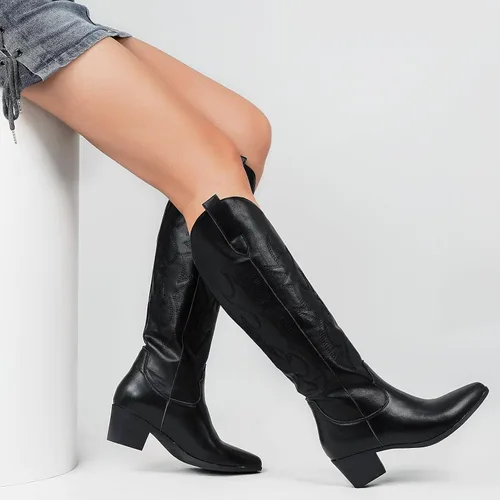 Miniatura 2 de Botas vaqueras bordadas para mujer, botas vaqueras de moda con punta occidental de tacón grueso, botas vaqueras altas hasta la rodilla