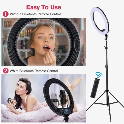 Miniatura 3 de Anillo de luz LED de 18 pulgadas con soporte de trípode, luz de anillo para selfie de maquillaje regulable para retrato de estudio, YouTube, Vlog