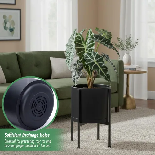 Miniatura 5 de D'vine Dev Maceta negra de 8 pulgadas con soporte, moderna maceta cilíndrica de plástico con soporte de metal resistente para plantas