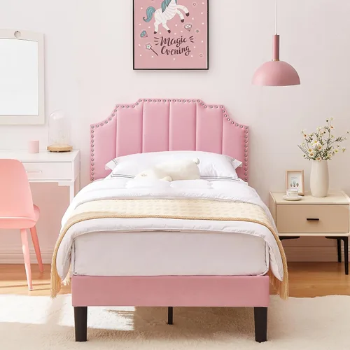 Miniatura 25 de VECELO Base de cama tapizada de terciopelo tamaño Queen con ribete de clavos, cabecera ajustable en altura copetuda, cama vintage con listones