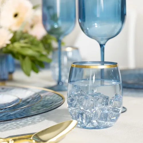 Miniatura 2 de PLASTICPRO Paquete de 12 copas de vino de plástico azules con borde dorado, sin tallo, desechables, de 12 onzas, sin BPA, inastillables, copas