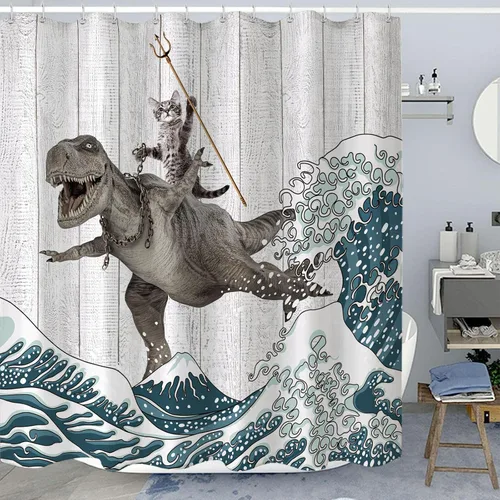 Miniatura 4 de Fungarth - Cortina de ducha divertida con gatos y dinosaurios, cortina de ducha con olas marinas para baño, tela impermeable y fresca, cortina
