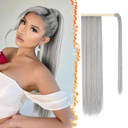 Miniatura 42 de BARSDAR Extensión de cola de caballo de 28 pulgadas largo recto envoltura alrededor del clip en pelo de fibra sintética para mujeres, negro