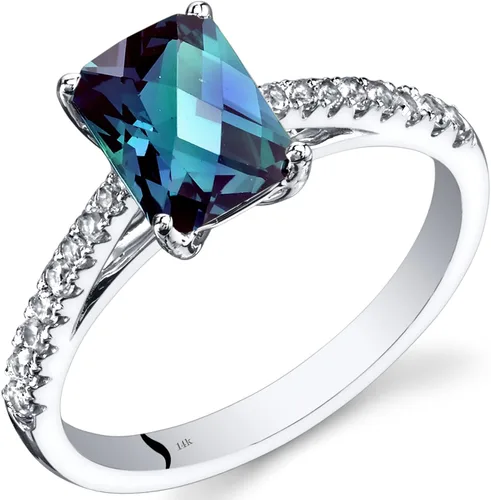 Peora Anillo de Alejandrita creado y topacio blanco genuino para mujer, oro blanco de 14 quilates, cambio de color, corte radiante de 1.50 quilates,