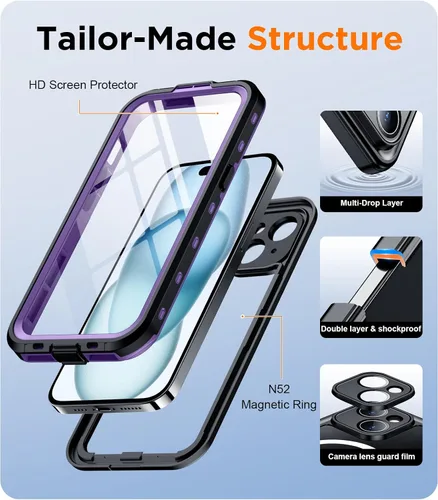 Miniatura 5 de Funda magnética para iPhone 15 impermeable, protector de pantalla integrado [IP68 bajo el agua] [actualizado militar a prueba de caídas]