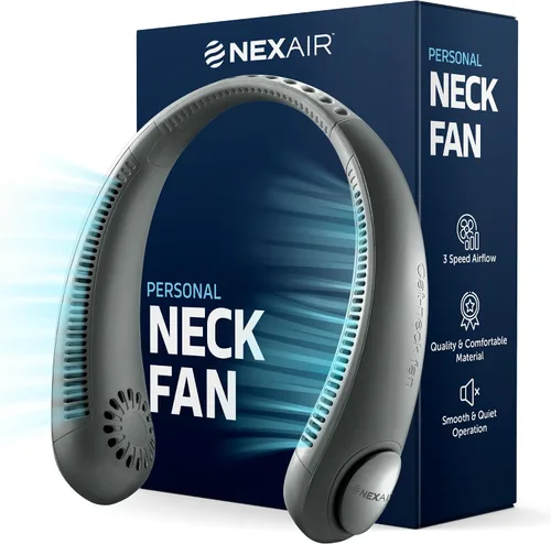 NEXAIR Ventilador de cuello portátil de enfriamiento manos libres, ventilador de cuello ligero sin aspas, 3 velocidades, batería de 2400 mAh, tiempo