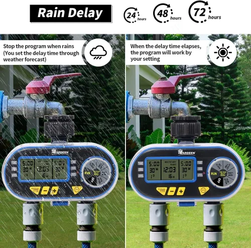 Miniatura 3 de Temporizador de rociador para manguera de jardín, temporizador de manguera programable con retardo de lluvia/manual/2 válvulas solenoides sistema