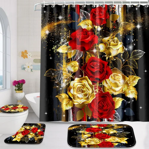 Miniatura 9 de Poedist Juego de 4 cortinas de ducha de baño, juego de cortina de baño con rosas azules, juegos de cortinas de ducha con alfombras