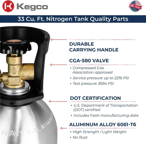 Miniatura 4 de Kegco Tanque de aire de nitrógeno de 33 pies cúbicos - Cilindro de gas de aluminio (vacío)