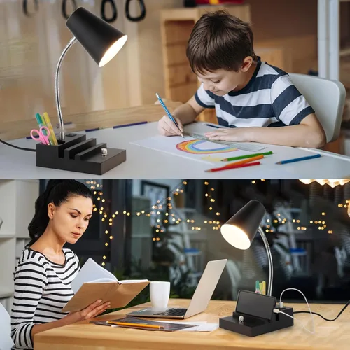 Miniatura 2 de LALISU Lámpara de escritorio de estudio con carga USB y luz nocturna tipo C, lámpara de mesa LED de cuello de cisne, lámpara de mesa de estudio