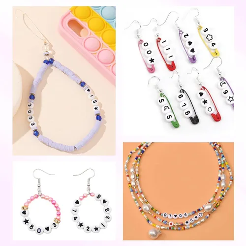 Miniatura 5 de 1400 cuentas redondas blancas y negras para pulseras, cuentas digitales de símbolo matemático del 0 al 9, juego de cuentas acrílicas de número