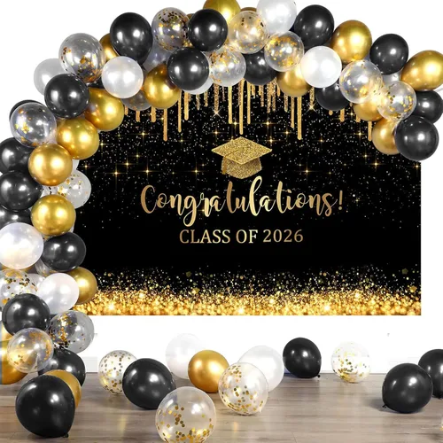 Miniatura 6 de Mocsicka Fondo de graduación de 7 x 5 pies 2026, decoraciones de graduación negro y dorado, pancarta de felicitaciones de graduación 2026, fondo