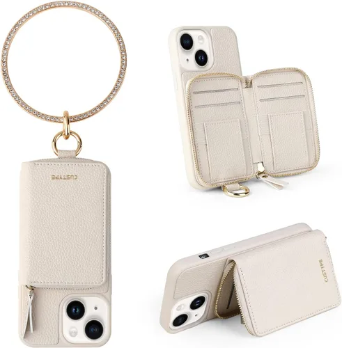 CUSTYPE Funda tipo cartera para iPhone 14 para mujer con tarjetero, pulsera con correa de muñeca, bloqueo RFID, protección de cámara (brazalete de