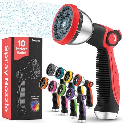 Miniatura 8 de Boquilla de manguera, rojo, pulverizador resistente, 10 patrones de riego ajustables, control con pulgar, ergonómico, para manguera de jardín, regar