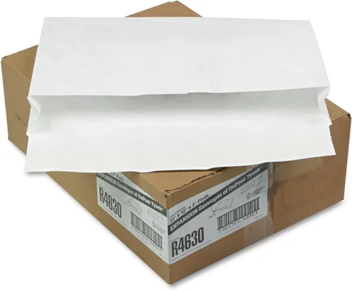 Sobres de expansión de lado abierto, Dupont Tyvek, #15, solapa de hoja de queso, cierre de tira roja, 10 X 15, blanco, 100/cartón