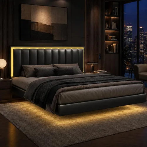Miniatura 11 de IMMERSTABLE Marco de cama flotante tamaño Queen, marco de cama tapizado tamaño Queen con cabecero, luces LED RGB, soporte de listones de madera Negro