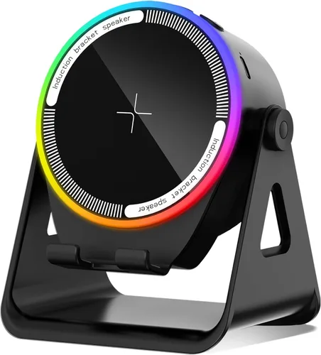 RGB Lighting - Soporte de teléfono de escritorio con Bluetooth, soporte inalámbrico para teléfono con altavoz de inducción, color negro