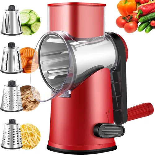 Weltonhm Ralladores rotativos de queso con 4 cuchillas, rallador de queso de manivela con rebanador de waffles, rallador de queso rojo, negro y Rojo