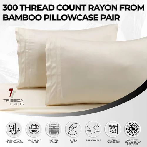 Miniatura 2 de Tribeca Living BAMB300PCSTIV - Par de almohadas de rayón de bambú de 300 hilos, tamaño estándar, color marfil