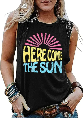 Miniatura 2 de Uniqueone- Camiseta sin mangas con texto en inglés "Here Comes The Sun" y gráfico de sol.