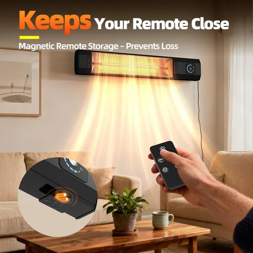 Miniatura 6 de Calentador eléctrico infrarrojo para patio de 34 pulgadas y 1500 W montado en la pared con control remoto y sensor de movimiento, 9 niveles