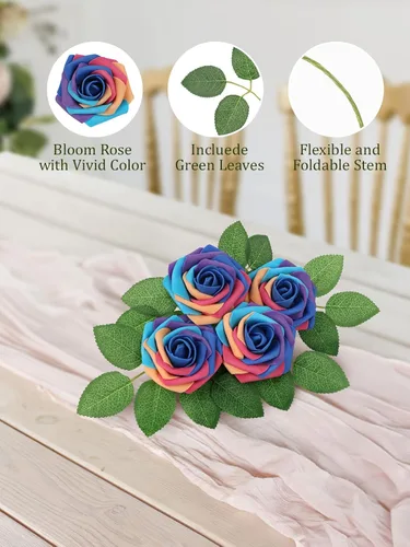 Miniatura 5 de MACTING Flores Artificiales Rosas 30PCS Tacto Real Flores Falsas con Tallo Rosa de Espuma Arcoíris para Bricolaje Ramos de Novia de Boda Centros