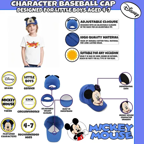 Miniatura 2 de Disney Gorra de béisbol de Mickey Mouse para niños, con orejas 3D, correa trasera curvada (4-7), Azul