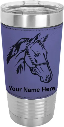 Miniatura 19 de LaserGram - Taza de 20 oz con aislamiento al vacío, con cabeza de caballo 2, grabado personalizado incluido (piel sintética, estilo béisbol)