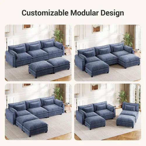 Miniatura 4 de Pipishell 110.6" U-Shaped Modular Sectional Sofa, 5-Seat Modern Chenille Deep Seat Comfy Cloud Couch with 2 Movable Ottoman & Throw Pillows for