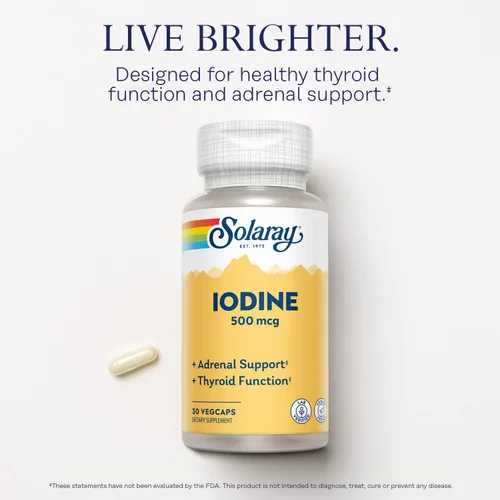 Miniatura 4 de Solaray Yodo 500 mcg, suplemento de yodo para apoyo suprarrenal y tiroideo saludable, energía, metabolismo y enfoque, yoduro de potasio, vegano