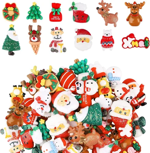 50 PIEZAS Adornos de Navidad de Limo Kalolary Adornos de Resina de Navidad con Parte Trasera Plana Adornos de Papá Noel, Alce, Árbol de Navidad,