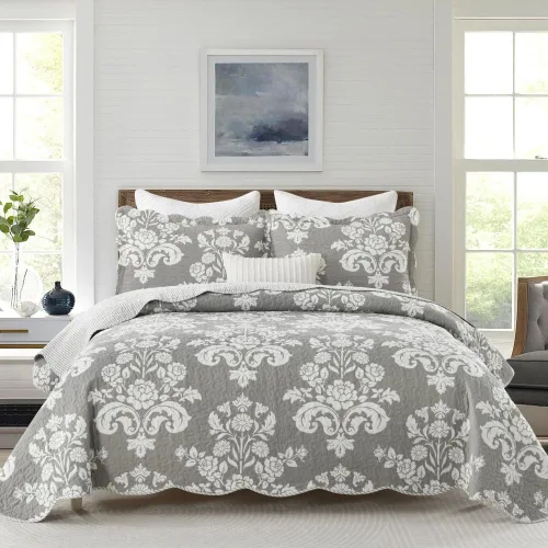 Miniatura 12 de Juego de edredón 100% algodón tamaño Queen de 3 piezas, edredón floral de damasco con 2 fundas, colcha acolchada floral vintage, ropa de cama ligera