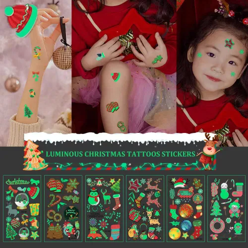 Miniatura 2 de Tatuajes de Navidad para niños, tatuajes temporales luminosos, 400 calcomanías impermeables de Navidad, tatuajes falsos que brillan en la oscuridad