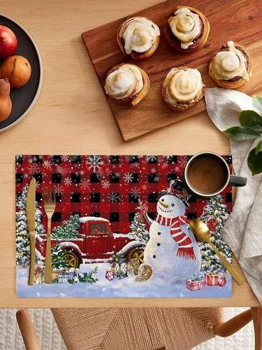 Miniatura 3 de Juego de 6 manteles individuales de Navidad, diseño de camión y muñeco de nieve, color rojo y negro, manteles individuales de lino, manteles