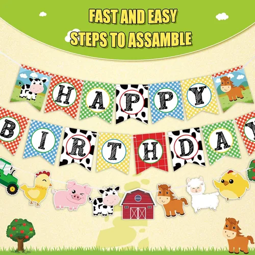 Miniatura 2 de WERNNSAI Cartel de cumpleaños de animales de granja, pancarta de feliz cumpleaños con guirnalda de banderines de tractor para niños y niñas, Azul