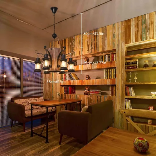 Miniatura 4 de OUKANING Lámpara colgante de madera envejecida, estilo retro, rústica, línea de luz de techo de suspensión industrial que se puede ajustar para mesa