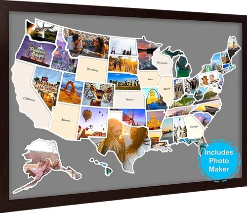 Mapa de fotos de Estados Unidos – Mapa de viaje de 50 estados de 24 x 36 pulgadas, incluye creador de fotos, regalo ideal para parejas, aventureros,