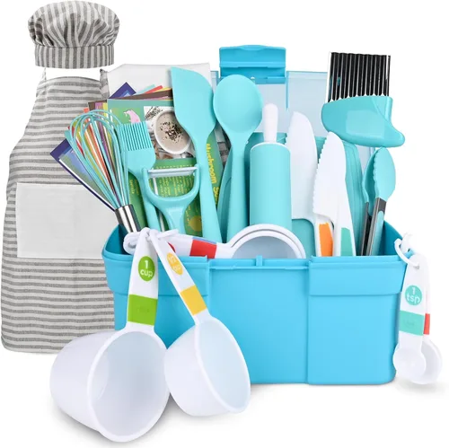 Juego de cocina y horneado para niños con estuche de almacenamiento, suministros de cocina reales con cuchillos para libros de cocina, delantal,