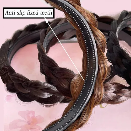Miniatura 5 de Diadema de 4 hebras de cabello sintético trenzado, diadema trenzada con dientes, accesorio de belleza, diadema elástica para mujer (marrón oscuro)