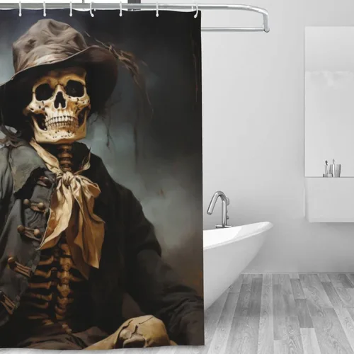 Miniatura 2 de YLATY3387 - Cortina de ducha de traje negro con calavera para baño, divertido juego de cortina de ducha de esqueleto hippie bohemio, tela de pintura